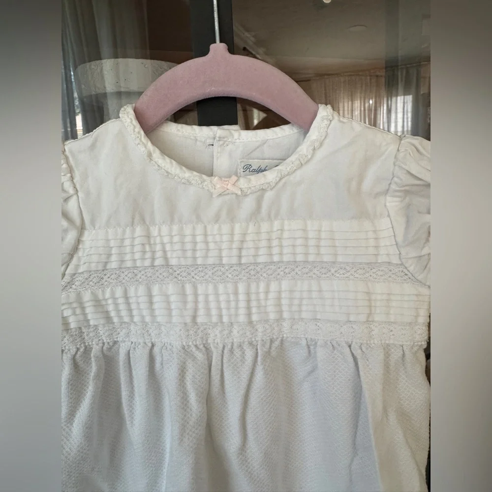 Ralph Lauren heirloom bubble romper lace smock bows ruffle baby girl puff sleeve